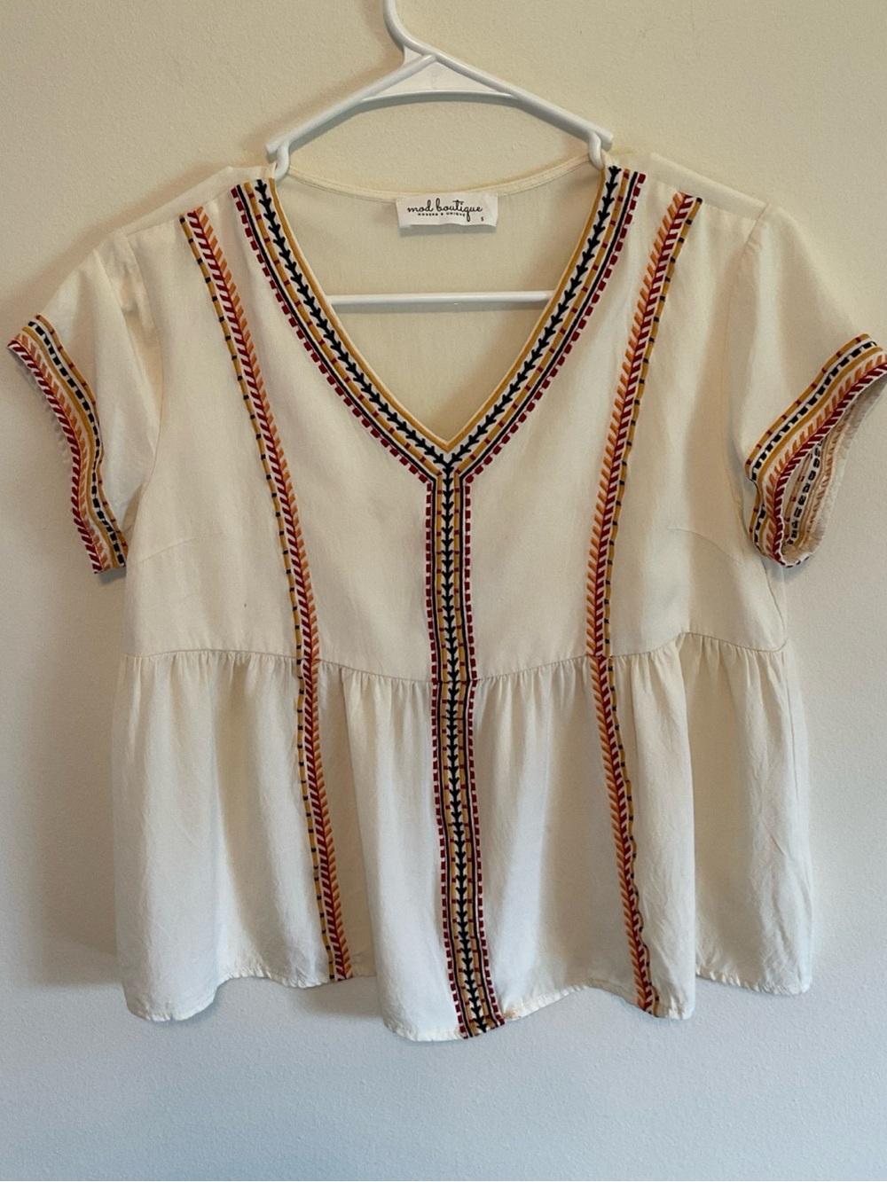Mink Boutique Cream Embroidered V-Neck Peasant Blouse